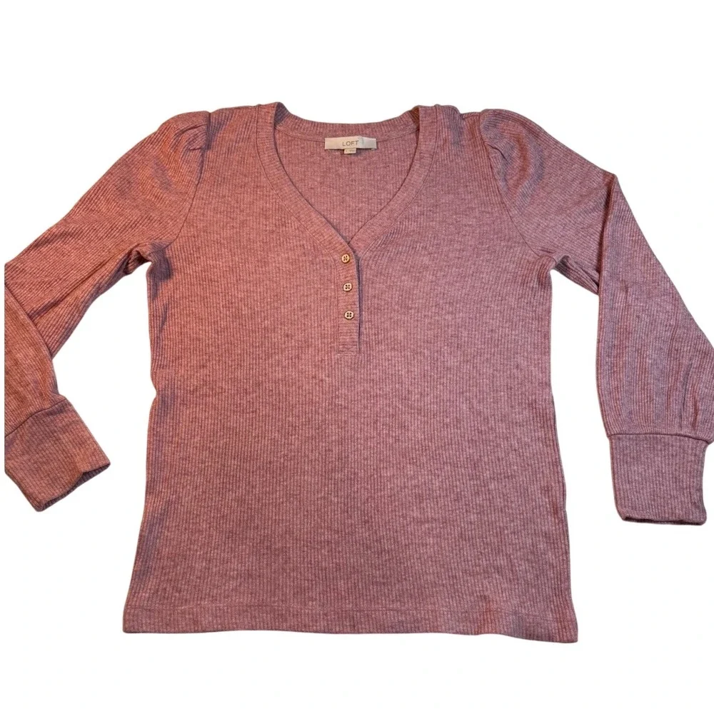 LOFT Women‎ Pink Ribbed Henley V-Neck Puff Sleeve Top Size L Mauve Long Sleeve